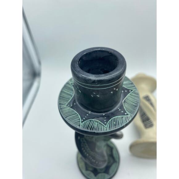 Boho Eclectic pair mismatched hand carved Soapstone candle holder Grey, white - Picture 6 of 7